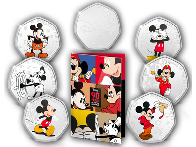 6er-Set „Mickey Mouse im Wandel der Zeit“ – silber- und farbveredelt